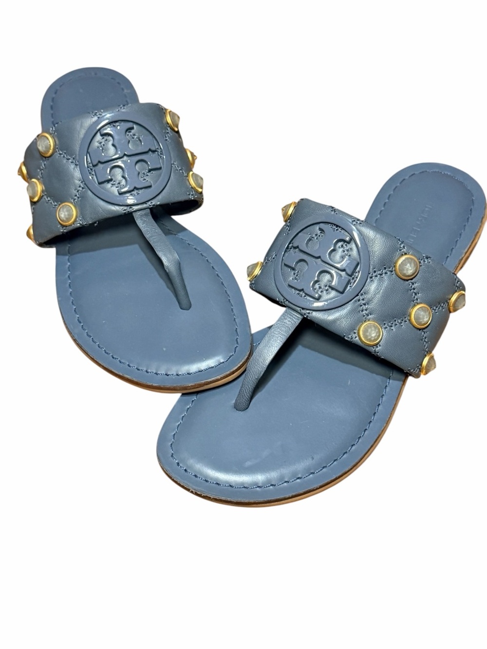 TORY BURCH Benton Leather Studded Thong Sandals 🩵💙🩶 - Picture 2 of 7